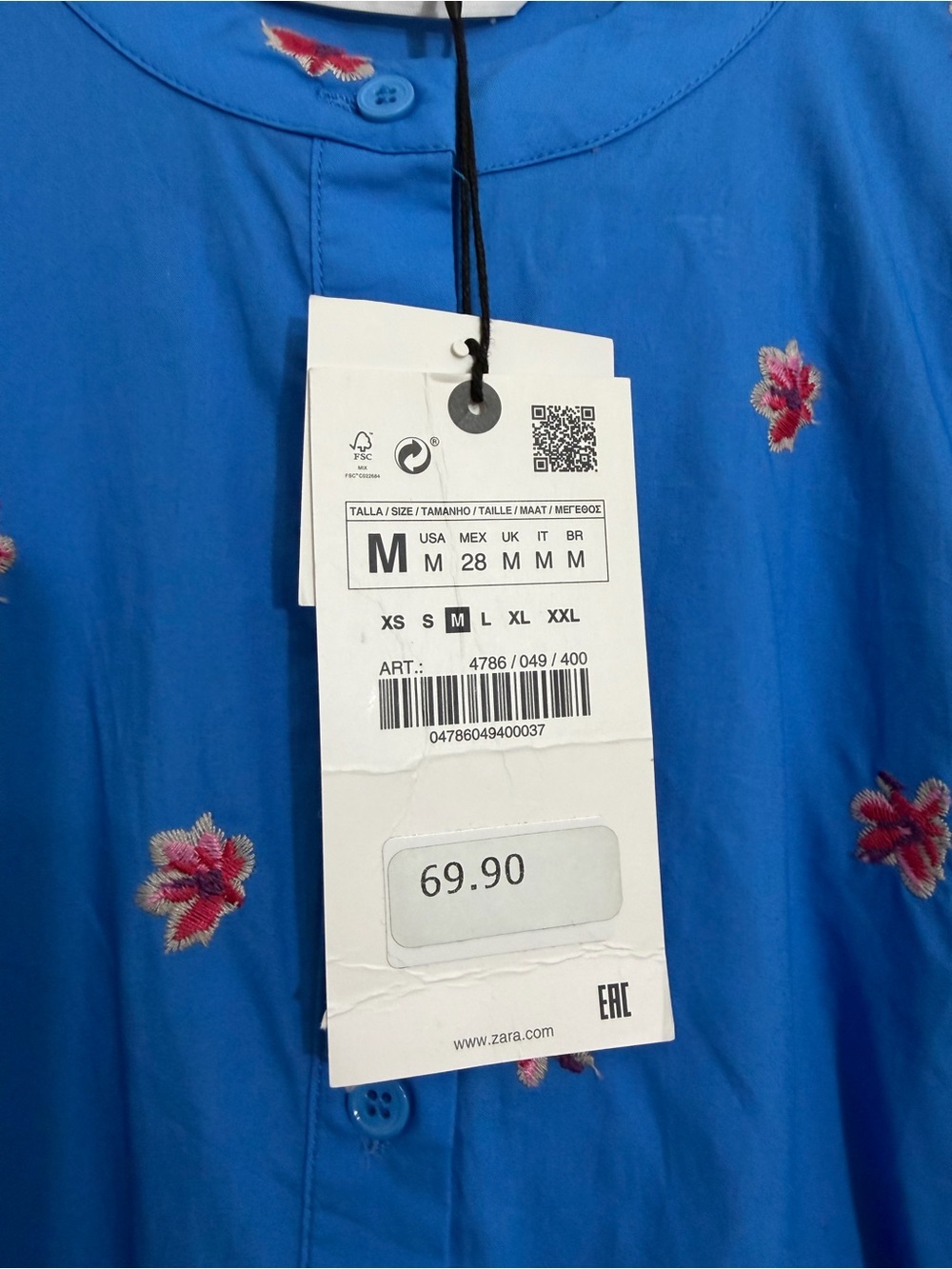 Zara Bright Blue Dress with Pink Floral Embroidery, Size M - Picture 5 of 7